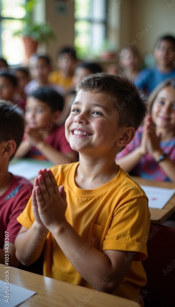A joyful boy in a yellow shirt clasps his hands and smiles in a classroom filled with enthusiastic classmates
