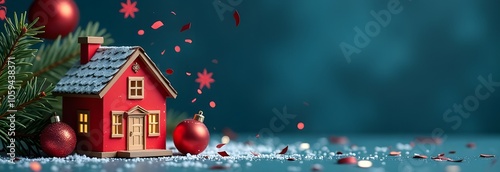 A small house with a knitted wool scarf on a festive background
