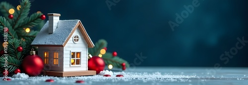 A small house with a knitted wool scarf on a festive background