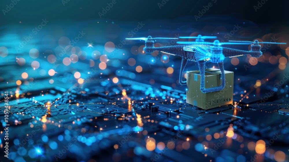 Obraz premium A blue, futuristic drone hovering over a cardboard box on a glowing circuit board, representing the future of delivery.