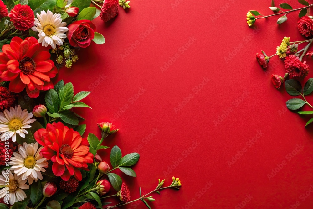 Close-up of red background with blooming flowers and greenery, garden, flowers, foliage, nature, floral arrangement Close-up of red background with blooming flowers and greenery, garden, flowers, foliage, nature, floral arrangement