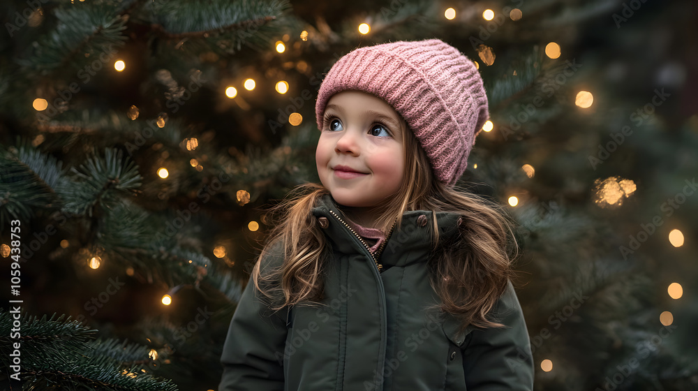Girl with green parka and pink beanie standing in front of a christmas tree Girl with green parka and pink beanie standing in front of a christmas tree