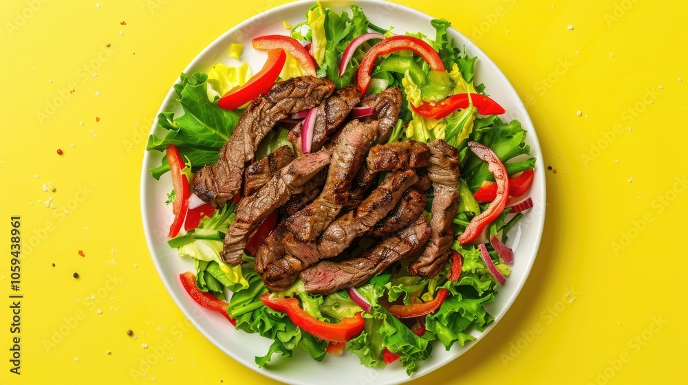 Grilled beef shawarma with salad on a plate, on yellow background with top view. Grilled beef shawarma with salad on a plate, on yellow background with top view.