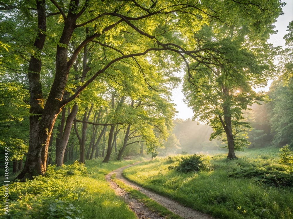 Naklejka premium Summer Forest Portrait Photography with Lush Greenery and Vibrant Sunlight for Nature Lovers and Outdoor Enthusiasts