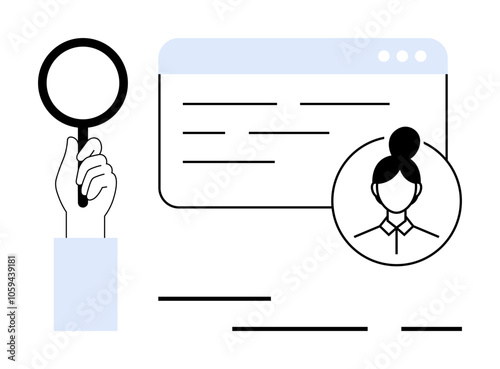 Hand holding magnifying glass focuses on web interface with female avatar and text, emphasizing search and personal data. Ideal for technology, search engine, recruitment, user profile, data