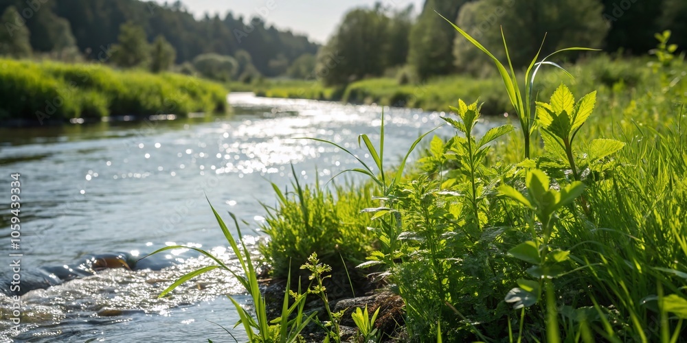 Summer Serenity: Tilt-Shift View of a Lush Green River Bank in Nature's Embrace Summer Serenity: Tilt-Shift View of a Lush Green River Bank in Nature's Embrace