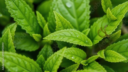 Close up of vibrant green leaves with intricate detailing and texture, outdoors, organic, detail