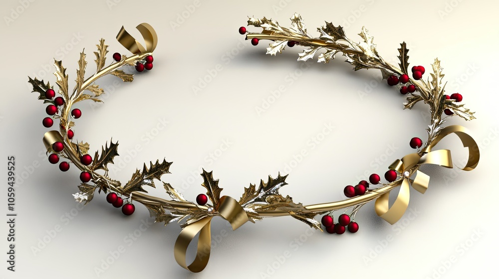 A 3D wreath with pine leaves, red berries, and golden ribbons set on a plain white background, casting soft shadows. A 3D wreath with pine leaves, red berries, and golden ribbons set on a plain white background, casting soft shadows.