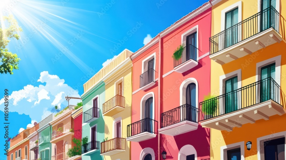 Fototapeta premium Colorful facades of houses on a sunny day. Vector illustration.