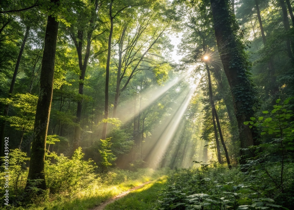 Obraz premium Sunshine Rays in a Densely Wooded Area with Bokeh Effect for Nature Lovers and Art Enthusiasts
