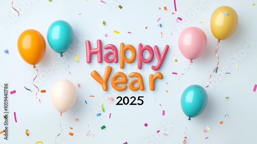 Playful 'Happy New Year 2025 text in hand-drawn font with colorful balloons, confetti, and streamers, cheerful and lively photo