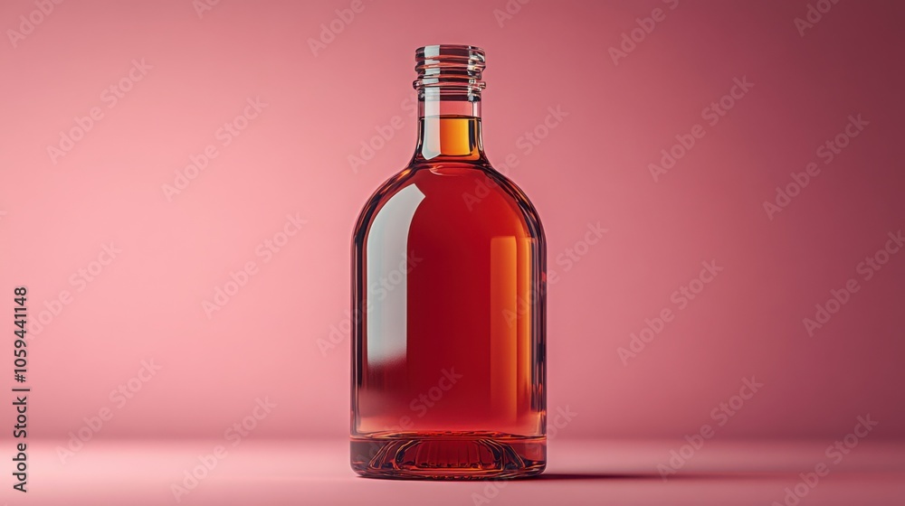 Clear Glass Bottle with Abstract Label on Pink Background: A Stylish Addition to Any Modern Packaging Design Clear Glass Bottle with Abstract Label on Pink Background: A Stylish Addition to Any Modern Packaging Design