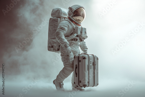 Astronaut in a spacesuit with a suitcase on a light background...