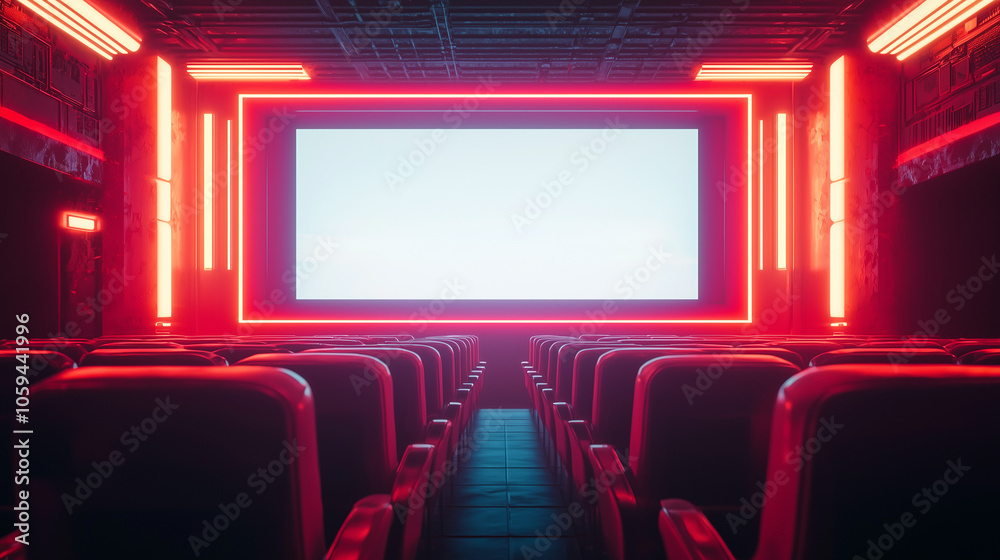 Empty cinema with glowing neon lights and an illuminated blank screen, evoking a futuristic ambiance Empty cinema with glowing neon lights and an illuminated blank screen, evoking a futuristic ambiance