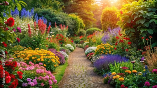 Fototapeta Naklejka Na Ścianę i Meble -  Colorful floral border surrounding a garden path, borders, greenery, plants, flowers