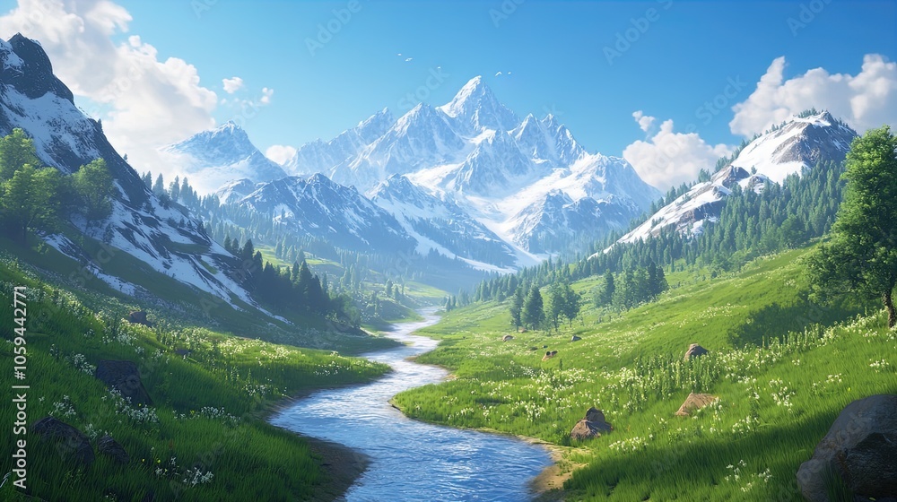 Serene Mountain Landscape Poster: Early Morning Light Over Winding River and Snow-Capped Peaks - Perfect for Sports Room Decor and Nature Enthusiasts Serene Mountain Landscape Poster: Early Morning Light Over Winding River and Snow-Capped Peaks - Perfect for Sports Room Decor and Nature Enthusiasts