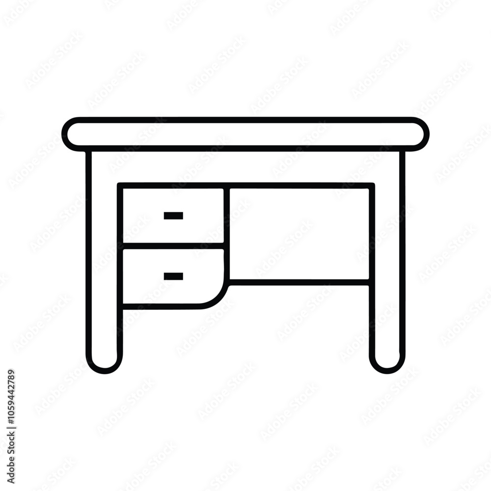 Computer Desk Icon. Work Desk at Home. Illustration of a workplace or study table. Vector Illustration. Customizable thin line illustration.  Editable stroke.