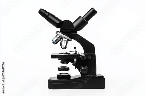 Modern black microscope isolated on a white background.