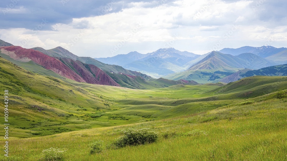 Fototapeta premium Vibrant mountain scenery showcasing various ecosystems, striking light, sweeping vistas, and serene balance among nature.