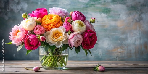 Fototapeta Naklejka Na Ścianę i Meble -  Colorful peonies and roses blooming in a large vase against a subtle background, spring florals, vases, peonies