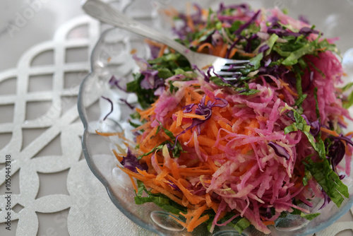 Losing weight with salad, there is a tape measure and salad next to it, a person trying to lose weight,