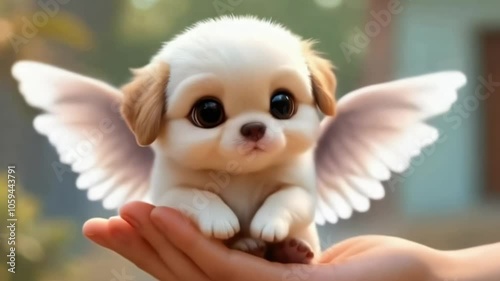 Cute and adorable Puppy with wings on hand  photo