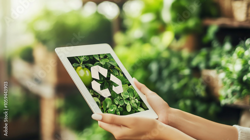 Closeup of hands holding a tablet, shopping ecofriendly products on Green Monday photo