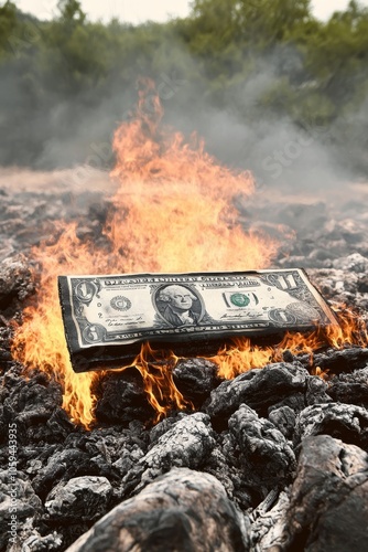 Burning Dollar US Banknote Engulfed In Flames And Smoke, Concept Of Financial Crisis photo