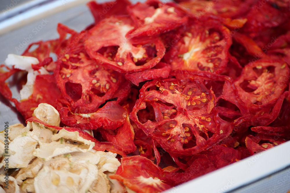 Food in winter in Turkey is dried tomatoes dried in the sun, dried tomatoes on a plate,