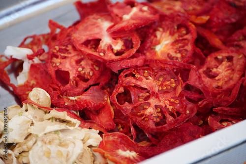 Food in winter in Turkey is dried tomatoes dried in the sun, dried tomatoes on a plate,