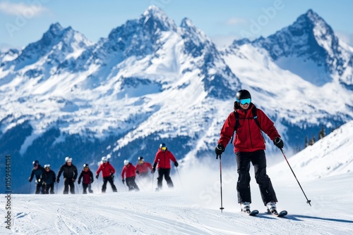 alpine ski instructor leading a group of skiers down a challenging run, dramatic peaks in the background, minimal background with copy space