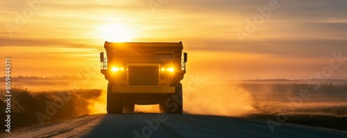 Big yellow mining truck driving on dusty road at sunset