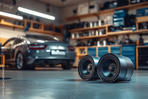 New car audio speakers on a workbench background. Car stereo installation concept background.