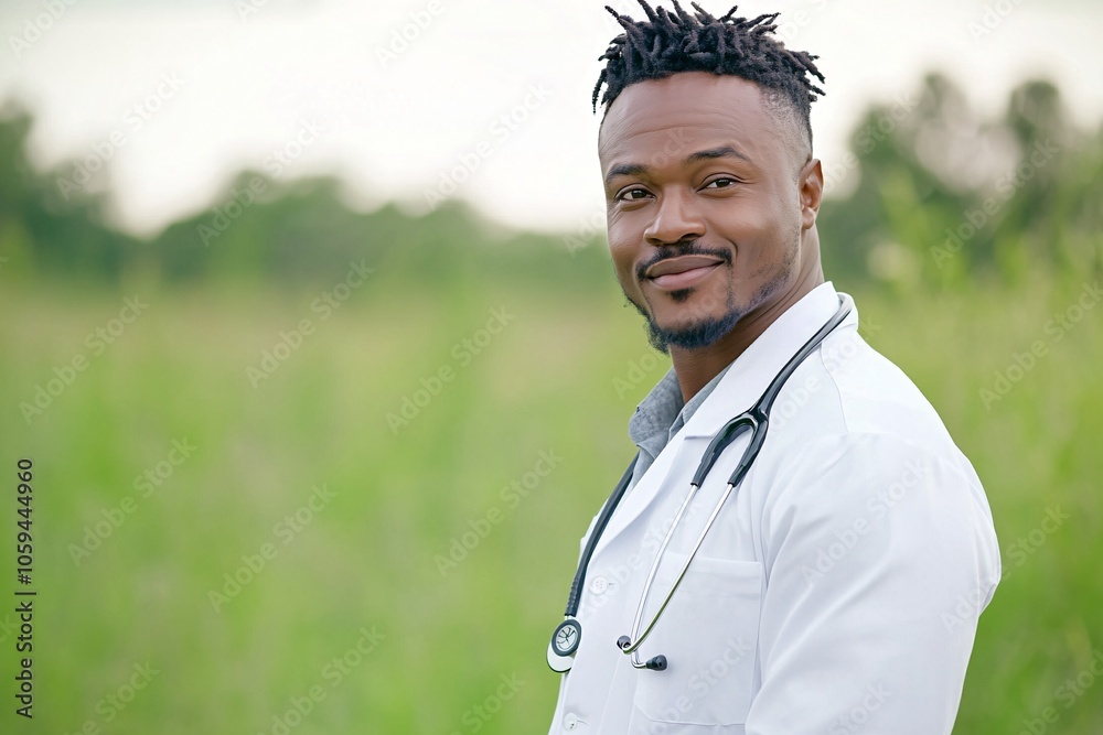A smiling healthcare professional outdoors in a green field during daylight, showcasing a commitment to wellness and nature connection A smiling healthcare professional outdoors in a green field during daylight, showcasing a commitment to wellness and nature connection