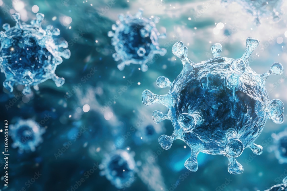 Visual representation of virus particles in a microscopic environment under blue lighting