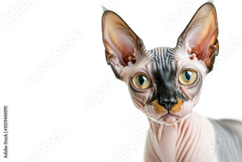 Curious Sphynx cat with striking features, white isolate background. photo