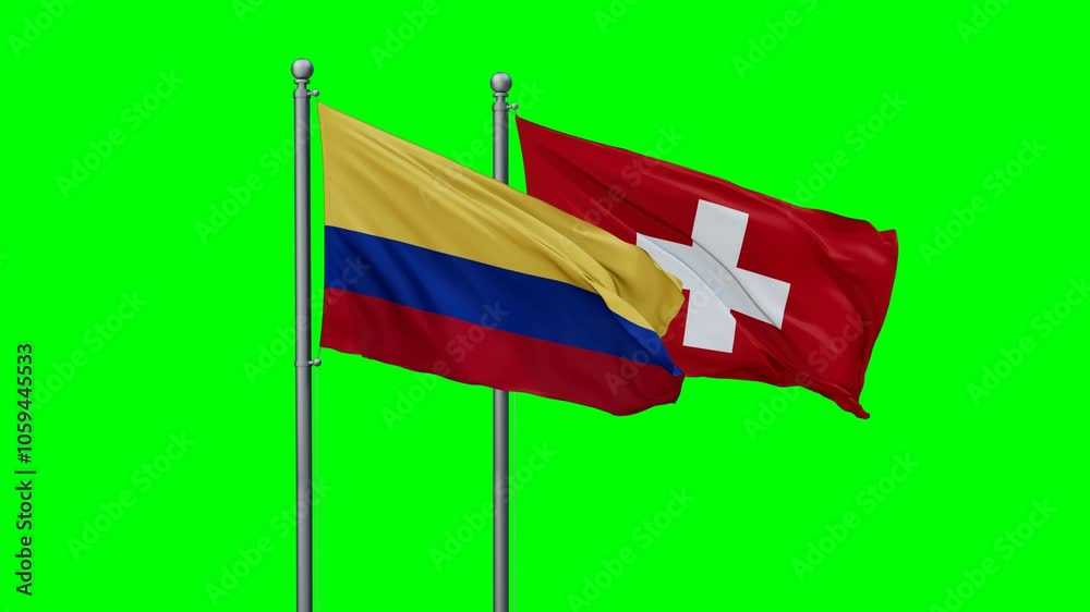 Switzerland and Colombia flags flying together, video concept of the relationship with colored chroma key for easy background remove, two country cooperation concept Switzerland and Colombia flags flying together, video concept of the relationship with colored chroma key for easy background remove, two country cooperation concept
