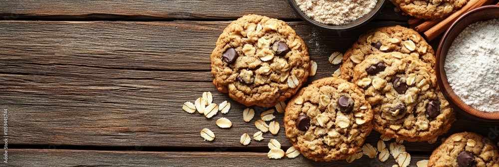 Delicious Homemade Oatmeal Chocolate Chip Cookies on a Rustic Wooden Background, With Ingredients Delicious Homemade Oatmeal Chocolate Chip Cookies on a Rustic Wooden Background, With Ingredients
