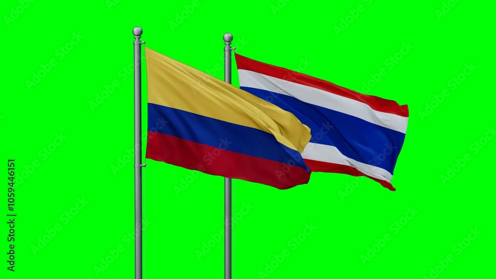 Kingdom of Thailand and Colombia flags flying together, video concept of the relationship with colored chroma key for easy background remove, two country cooperation concept Kingdom of Thailand and Colombia flags flying together, video concept of the relationship with colored chroma key for easy background remove, two country cooperation concept