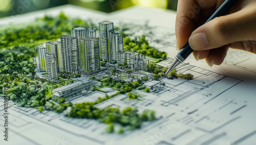 Progettare la città del futuro in modo sostenibile. ESG nelle costruzioni. Piano di costruzione. Matita che progetta la città del futuro.