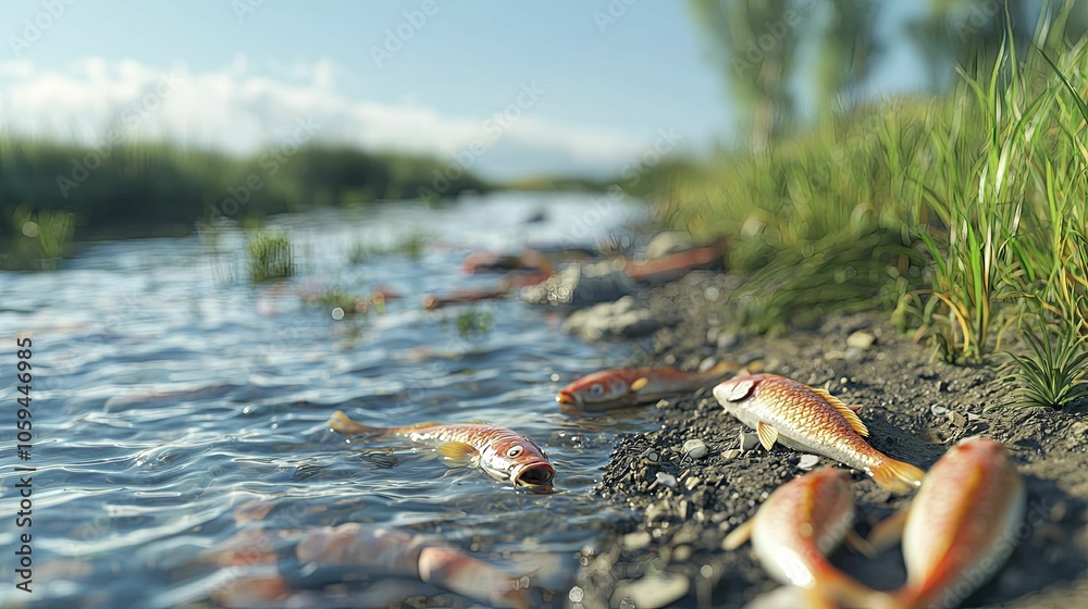 Fototapeta premium Riverbank, murky waters and lifeless fish, signs of an ecological emergency.