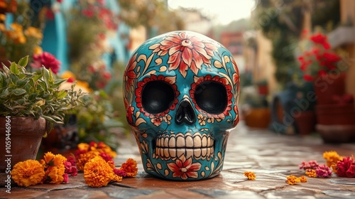 Colorful Day of the Dead Skull Art on Light Background with Copy Space for Celebratory Messages and Designs