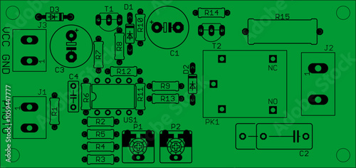 Placement of components of radio elements (contact
pads and seats) on printed circuit
board of electronic device.
Vector engineering drawing of pcb. 
Computer technic cad design.
Electric background.