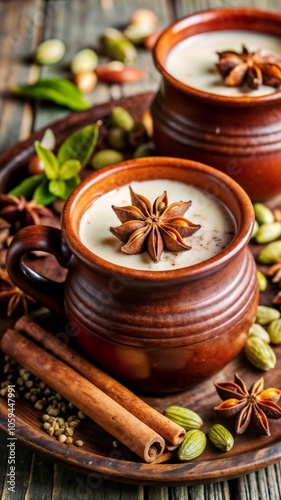 Wallpaper Mural Chai tea with milk in a clay cup, topped with star anise, surrounded by spices on a wooden tray Torontodigital.ca