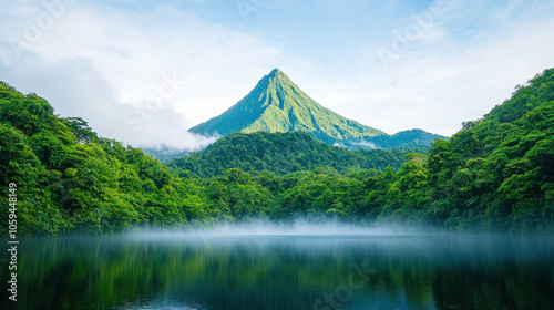 stunning mountain landscape with lush greenery and mist over water