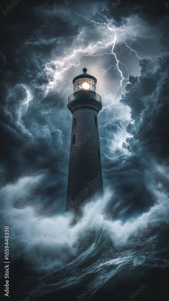 Lighthouse shining brightly during a violent storm at night Lighthouse shining brightly during a violent storm at night