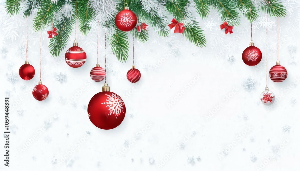 winter background with peeking tops of Christmas trees with Christmas toys on them