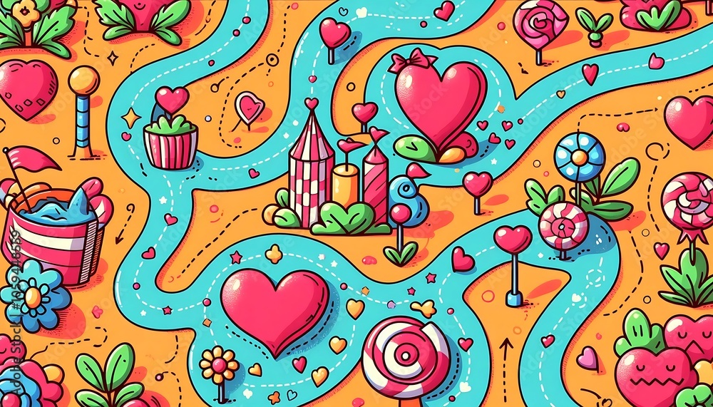 Naklejka premium Doodle Map of a Valentine's Day Wonderland