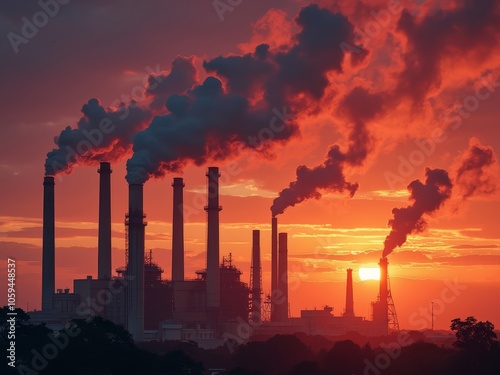 Dramatic sunset behind industrial power plant with smoke stacks