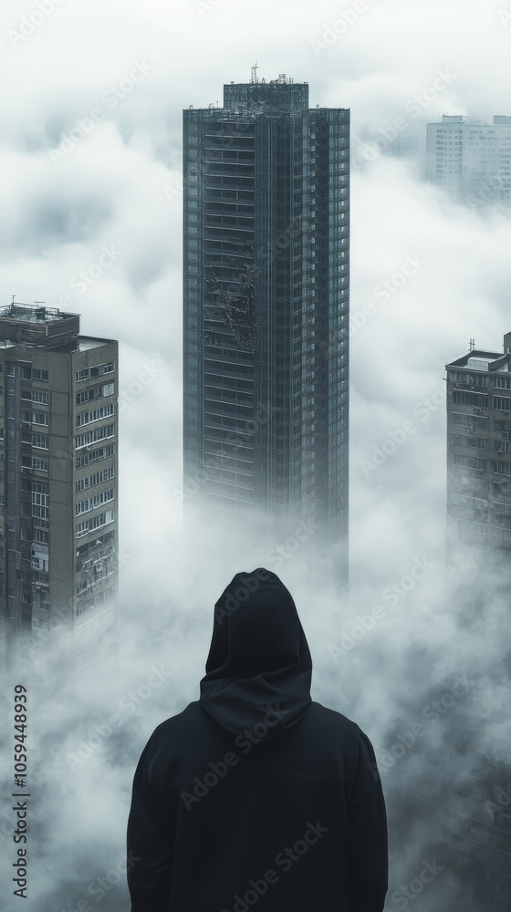 Hacker observing skyscraper emerging from fog in urban setting Hacker observing skyscraper emerging from fog in urban setting